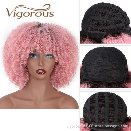 Vigorous Best Selling Wholesale Cheap Price Short Kinky Curly Fluffy Ombre Pink With Bangs For Black Women Synthetic Hair Wigs